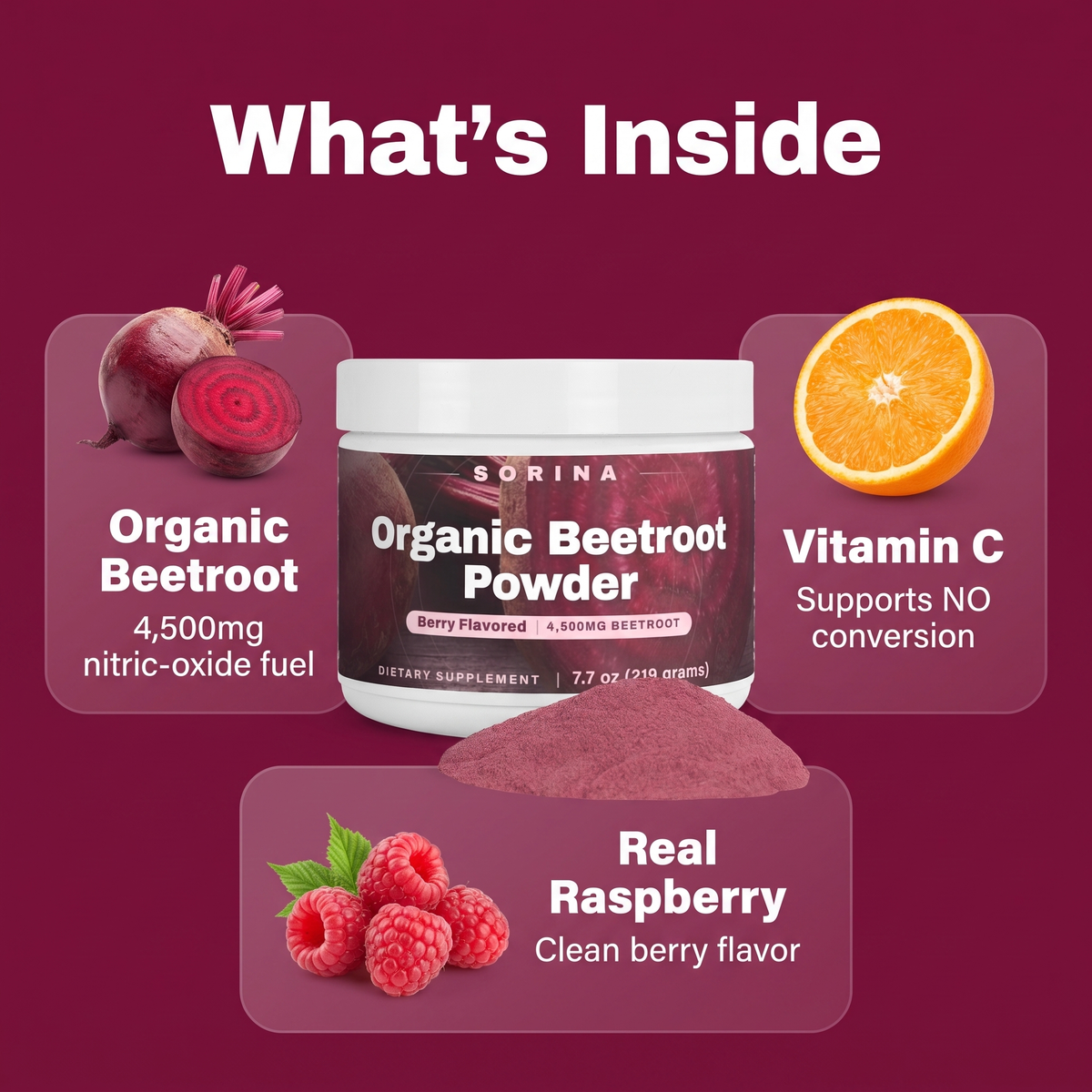 What's inside Sorina Beetroot — Organic Beetroot, Vitamin C, Real Raspberry