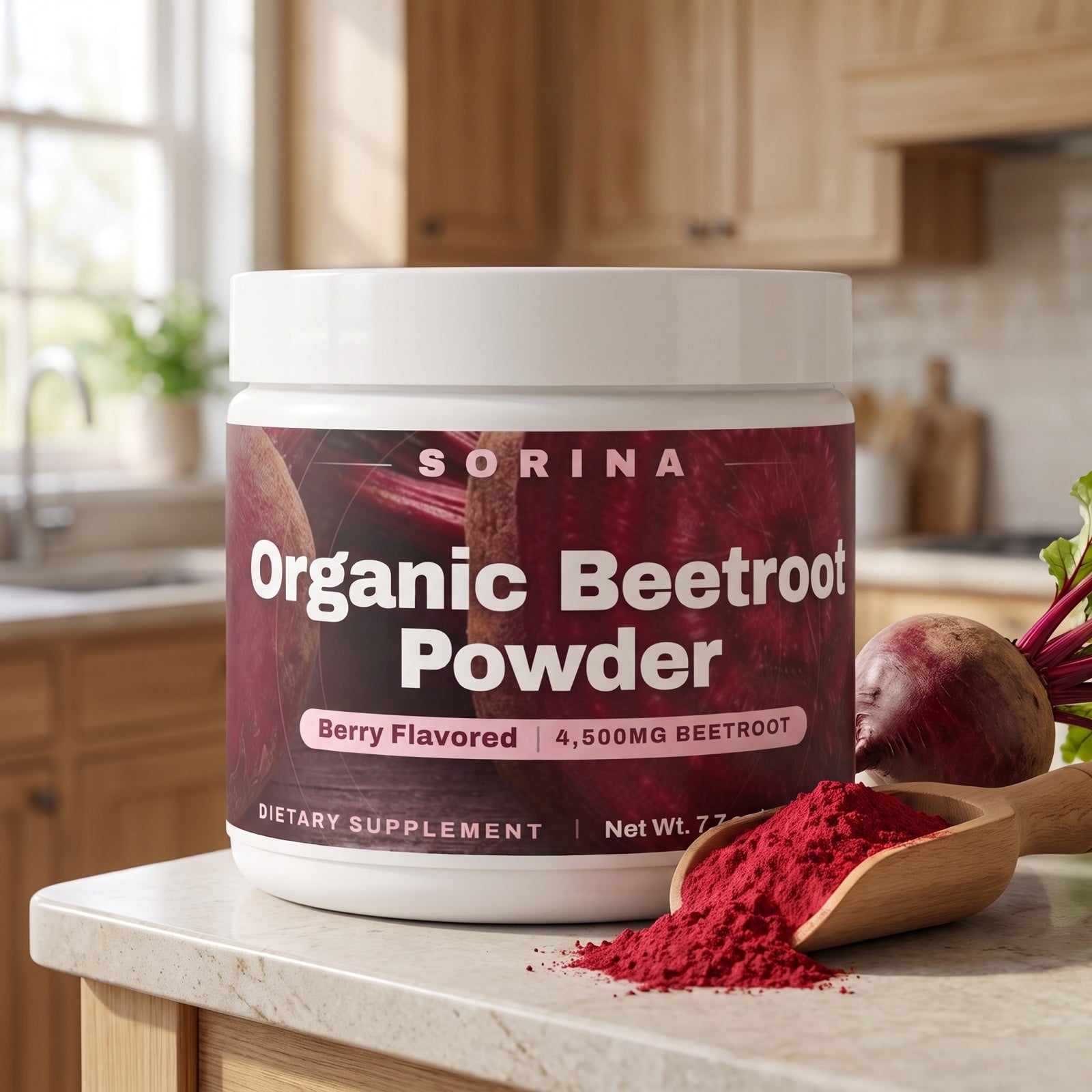 The Sorina beetroot tub with a scoop of deep-red powder and a fresh beet on a light counter