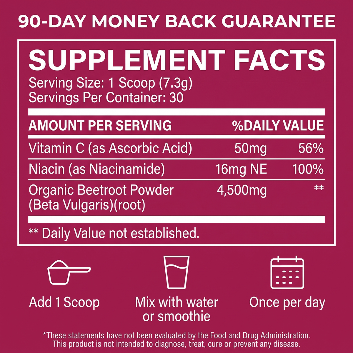 Supplement Facts — 1 scoop, Vitamin C 50mg, Niacin 16mg, 4,500mg beetroot