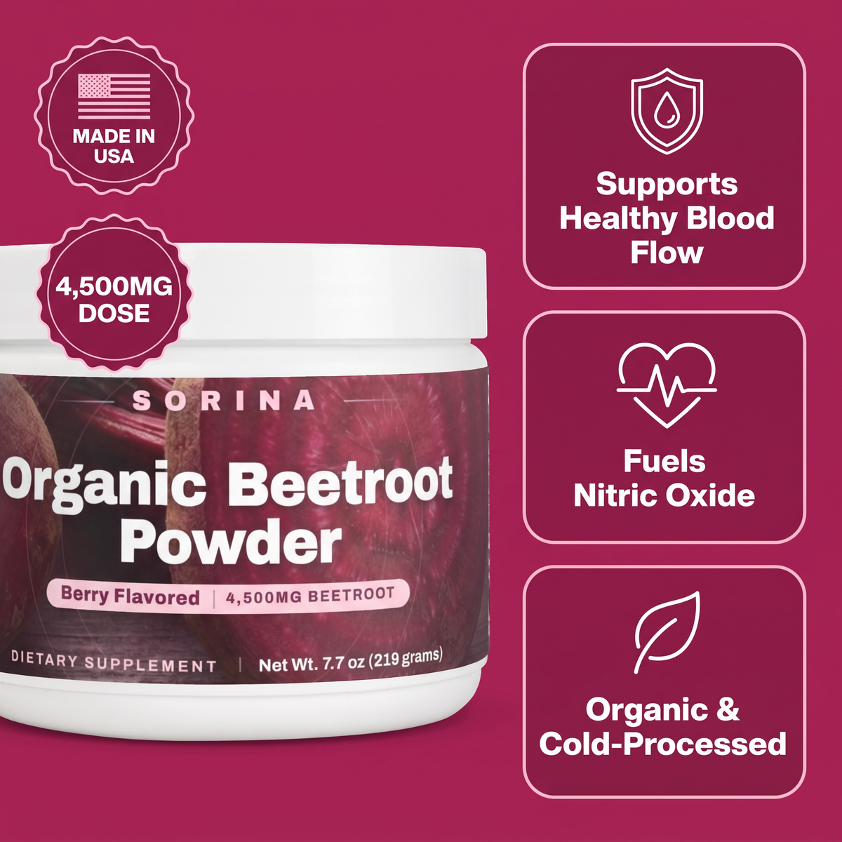Sorina Organic Beetroot Powder — Made in USA, supports healthy blood flow, fuels nitric oxide, 4,500mg