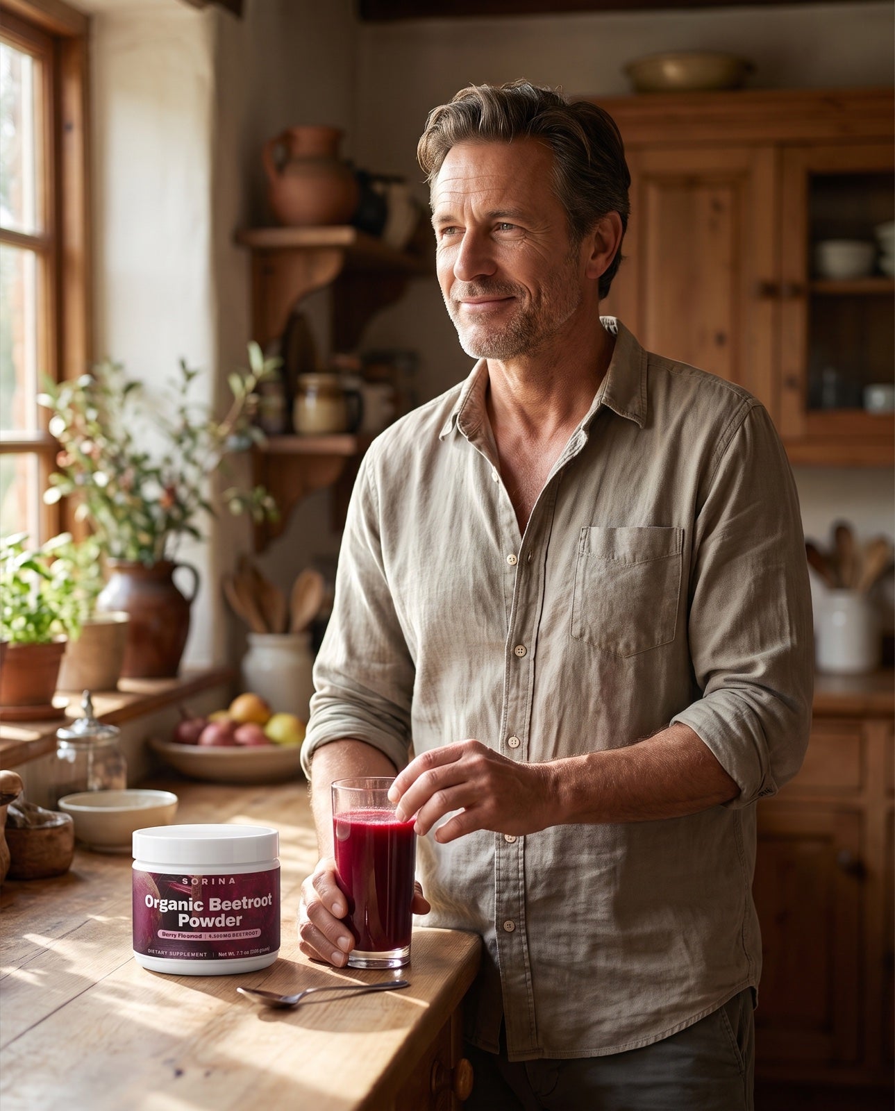 A confident man in his mid-fifties at a sunlit kitchen counter holding a glass of deep-red beet drink