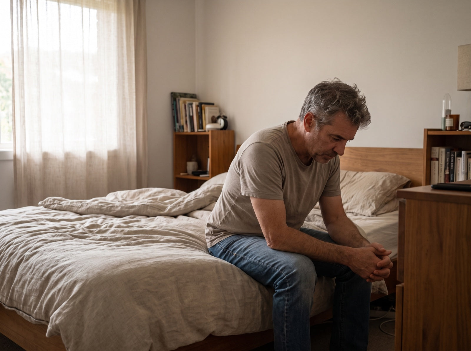 A man in his fifties sitting alone on the edge of the bed in the early morning, thinking