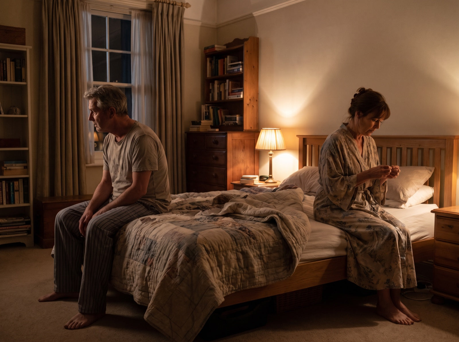 A couple in their fifties sitting on opposite edges of a dim bedroom at night with quiet distance between them
