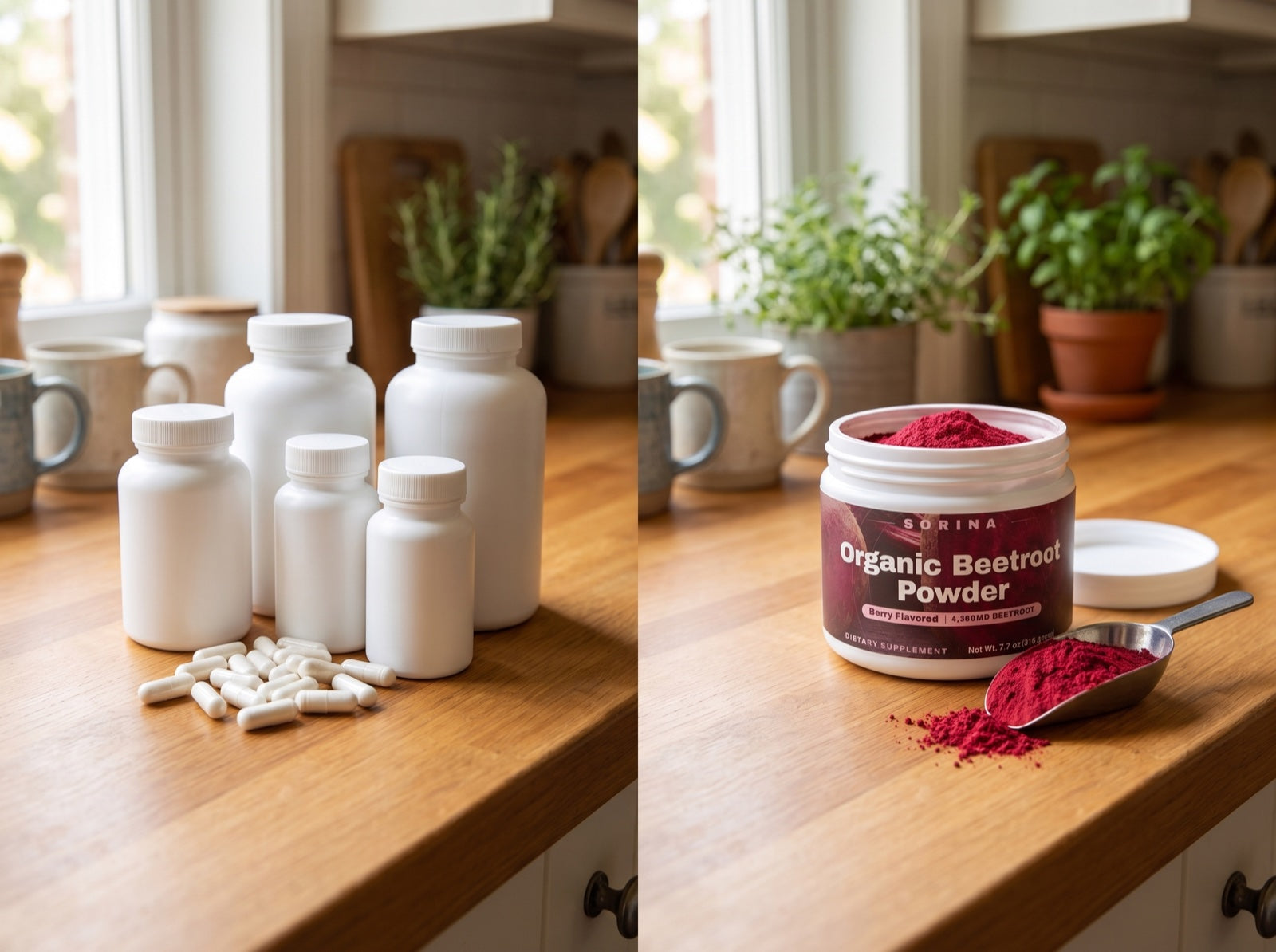Generic testosterone and stimulant pills on the left, the Sorina beetroot tub on the right