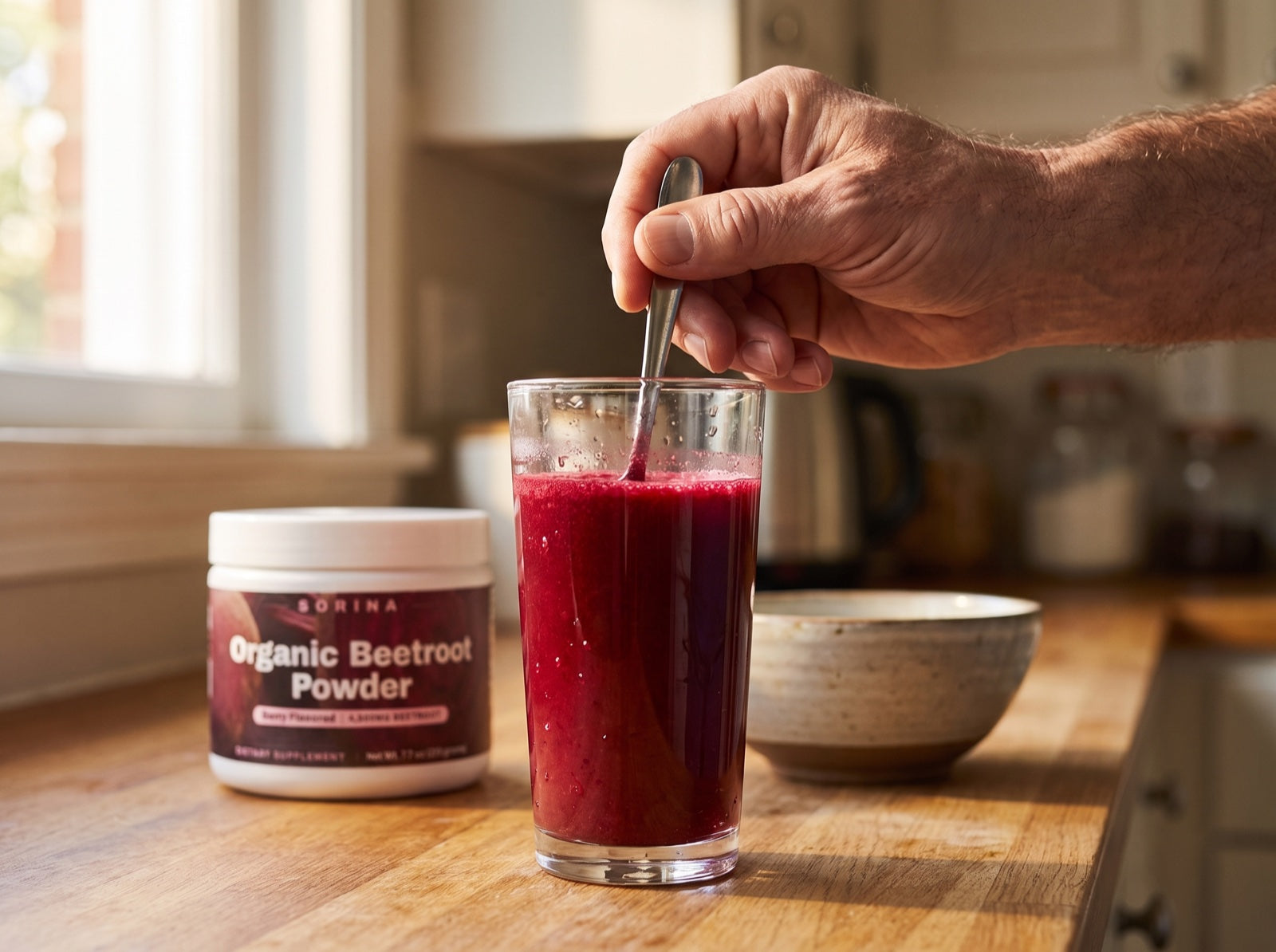 A man's hand stirring a spoon in a tall glass of deep-red beet drink with the tub behind