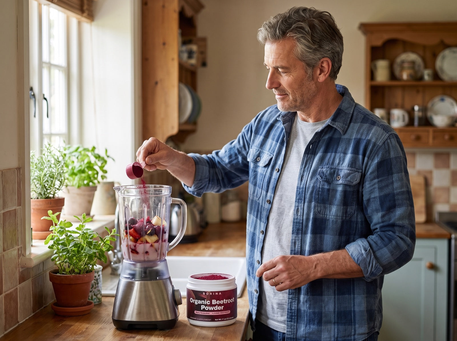 A man in his fifties adding a scoop of deep-red beet powder to a fruit smoothie in a bright kitchen