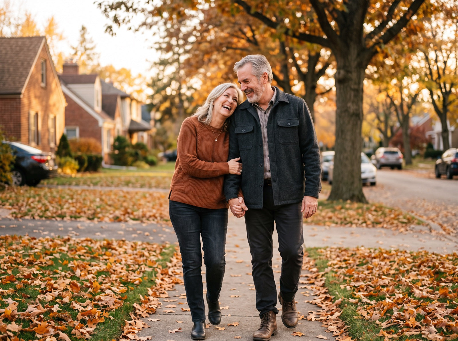 A happy married couple in their mid-fifties walking arm-in-arm and laughing on a tree-lined autumn street
